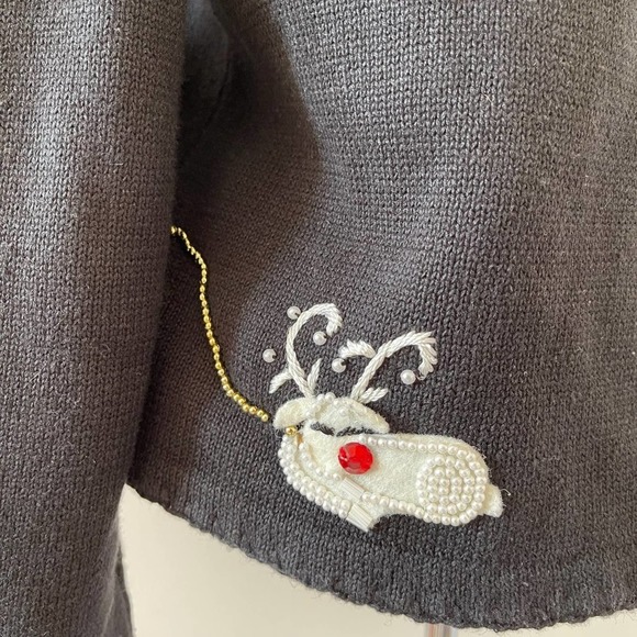 Michael Simon Cardigan Christmas Sweater Art Santa Claus Beaded Reindeer Large - Picture 13 of 16